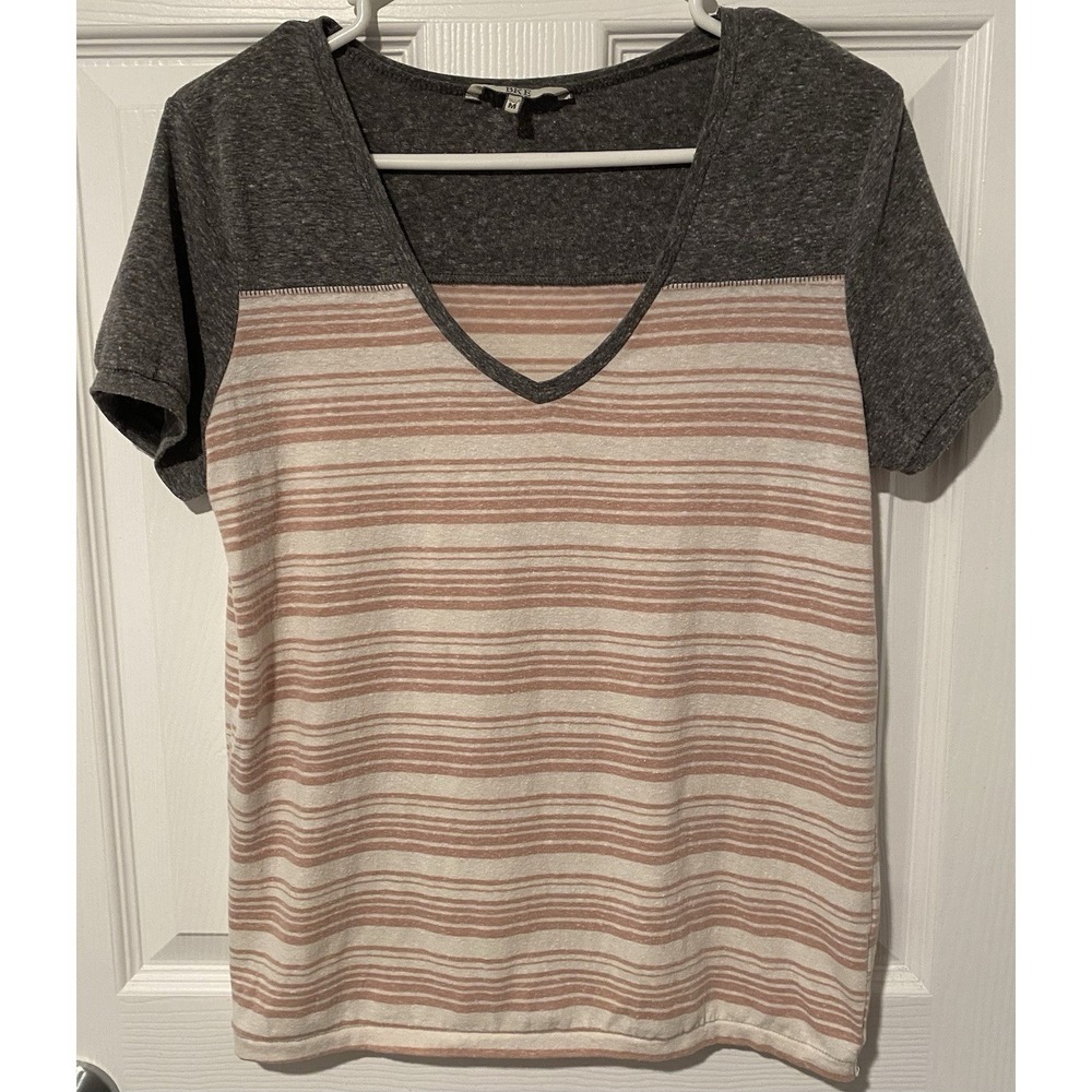 BKE Women's M Gray/Pink/White Striped Colorblock V-Neck T-Shirt Lightweight Soft